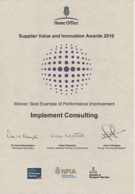 Award for Best Improvement project in the Home Office 2010